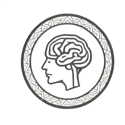 a brain inside a simple thick black line circular frame with geometric patterns shooting from it tattoo design idea