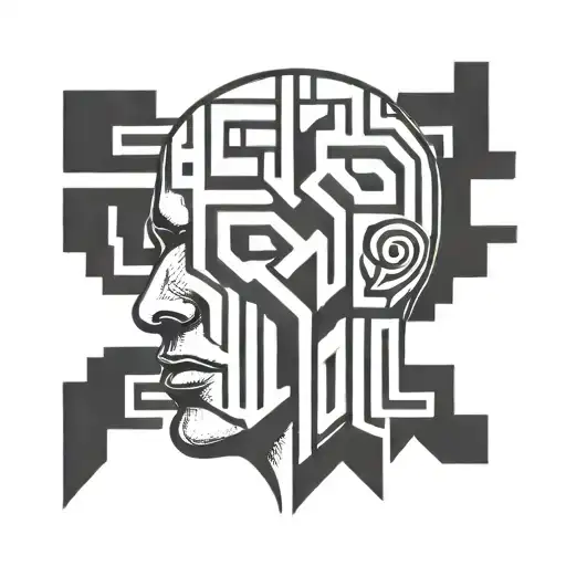 a human head with a view of the brain depicted as a maze, abstract tattoo design idea