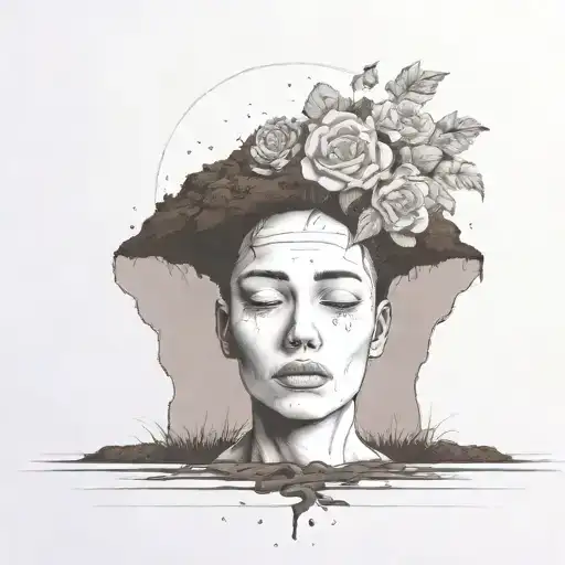 a head poking out of the soil of a muddy grave with soil on top of the head and flowers growing out of the top tattoo design idea