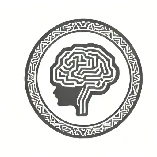 a brain inside a simple thick black line circular frame with geometric patterns shooting from it tattoo design idea
