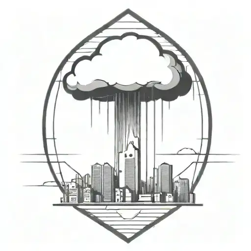 an abstract nuclear explosion mushroom cloud destroying a city in an abstract black line frame tattoo design idea