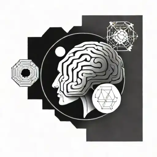 a brain inside a circular frame with geometric patterns shooting from it tattoo design idea