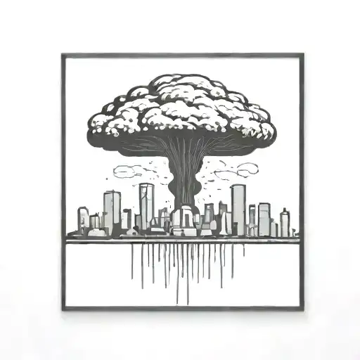 a nuclear explosion mushroom cloud destroying a city in a rectangular picture frame hanging on a wall tattoo design idea