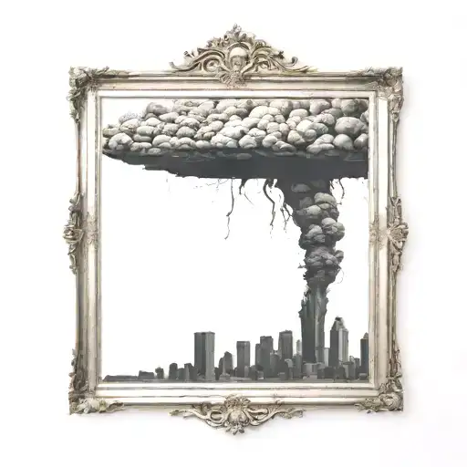 a nuclear explosion mushroom cloud destroying a city in a rectangular picture frame hanging on a wall tattoo design idea