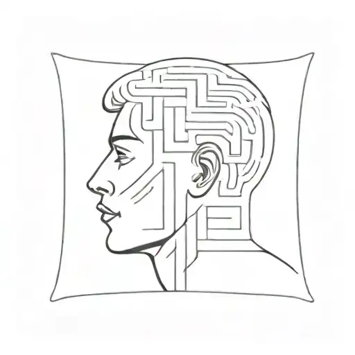 a human head laying back on a pillow with geometric shapes like a maze coming out of the top of his head tattoo design idea