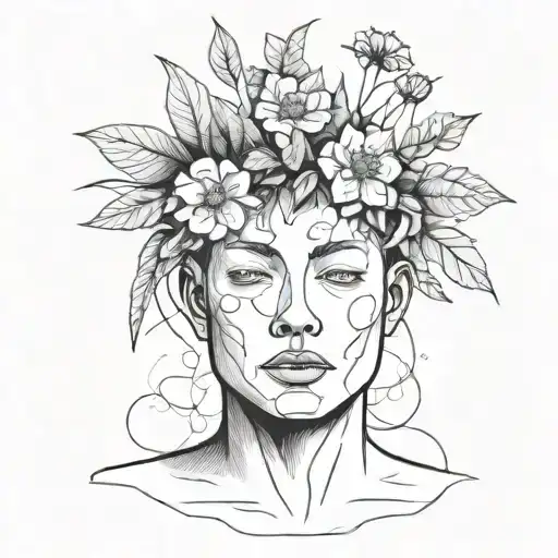 head poking out of a plant pot with soil on top of the head and flowers growing out of it. using thick black lines. tattoo design idea