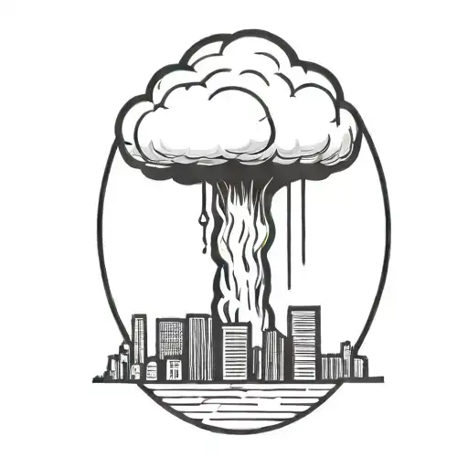 an abstract nuclear explosion mushroom cloud destroying a city in an abstract black line frame tattoo design idea