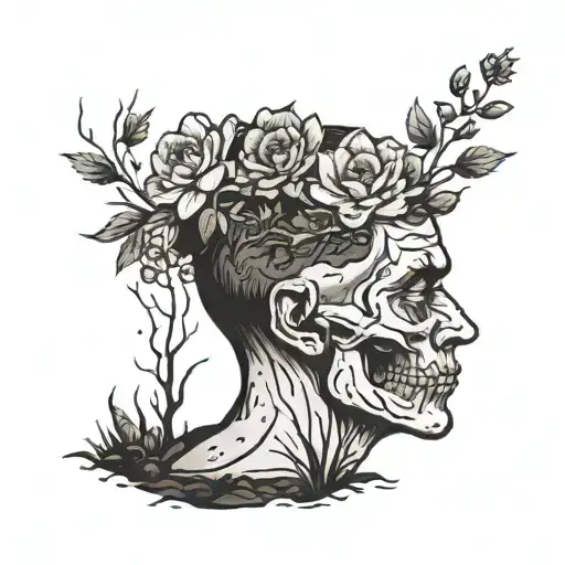 a head poking out of the soil of a muddy grave with soil on top of the head and flowers growing out of the top tattoo design idea