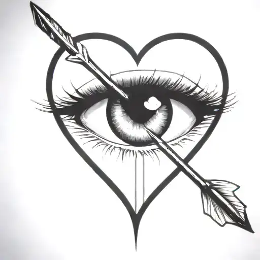 an arrow shot through a female eye encapuslated in a heart tattoo design idea