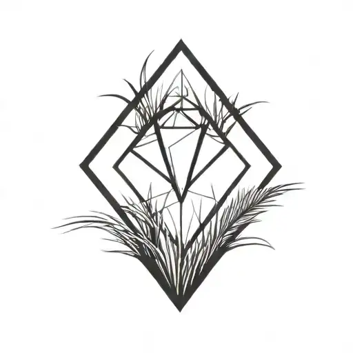 a diamond balancing on top of a single blade of grass. bold black lines in a rectangle black frame tattoo design idea