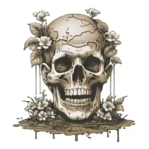 a head poking out of the soil of a muddy grave with soil on top of the head and flowers growing out of the top tattoo design idea