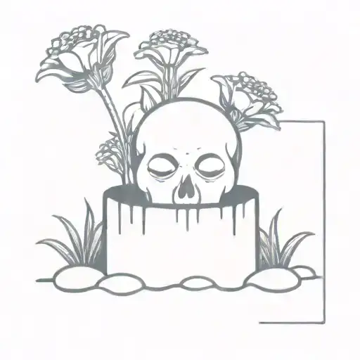 a head poking out of the soil of a muddy grave with soil on top of the head and flowers growing out of the top tattoo design idea