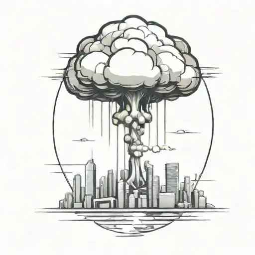 an abstract nuclear explosion mushroom cloud destroying a city in an abstract black line frame tattoo design idea