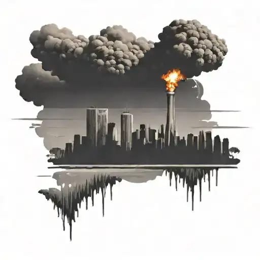 a nuclear explosion mushroom cloud destroying a city in a rectangular picture frame hanging on a wall tattoo design idea