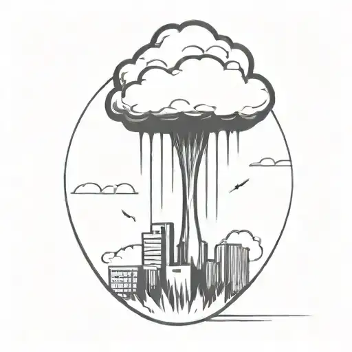 an abstract nuclear explosion mushroom cloud destorying a major city in an abstract black line frame tattoo design idea