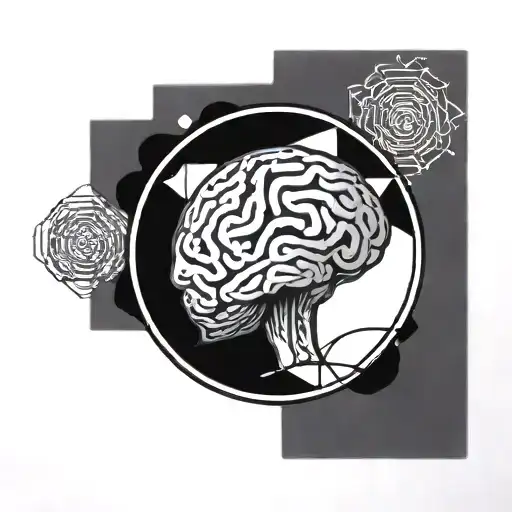a brain inside a circular frame with geometric patterns shooting from it tattoo design idea