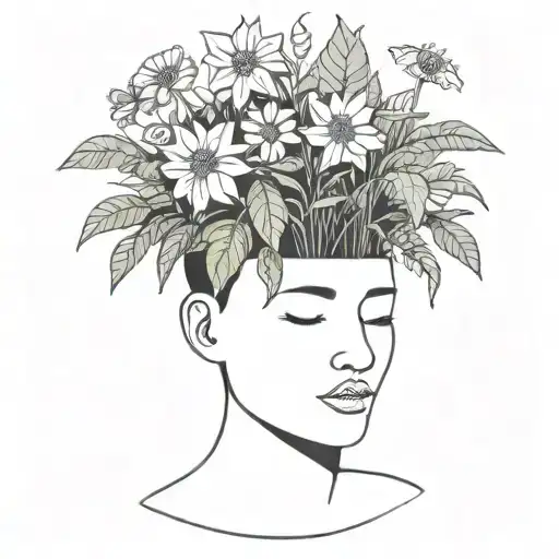 head poking out of a plant pot with soil on top of the head and flowers growing out of it. using thick black lines. tattoo design idea