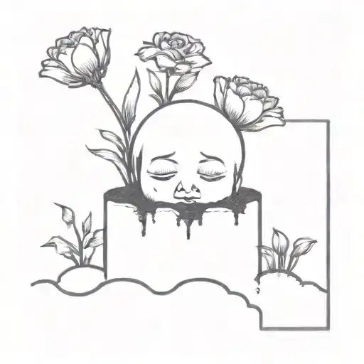 a head poking out of the soil of a muddy grave with soil on top of the head and flowers growing out of the top tattoo design idea