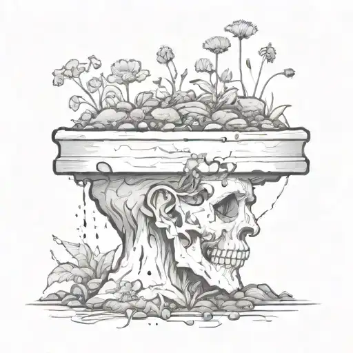 a head poking out of the soil of a muddy grave with soil on top of the head and flowers growing out of the top tattoo design idea