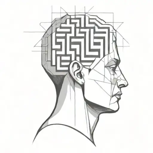 a human head laying back on a pillow with geometric shapes like a maze coming out of the top of his head tattoo design idea