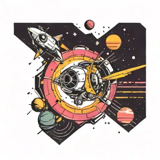 a rectangular poster frame. the image in the frame is advertising space flight. retro futuristic style tattoo design idea