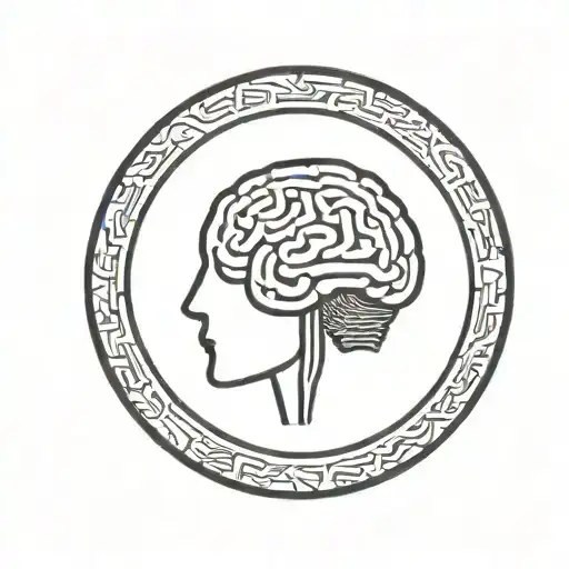 a brain inside a simple thick black line circular frame with geometric patterns shooting from it tattoo design idea