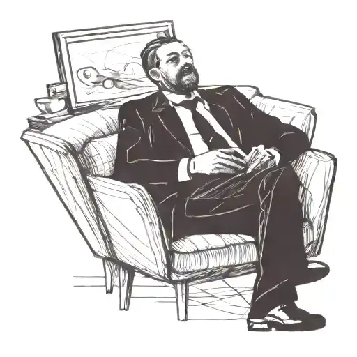 a side on view of a man laying back on a psychotherapist's sofa, staring at the ceiling, having psychoanalyisis tattoo design idea