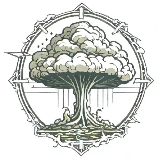 mushroom cloud from a nuclear explosion within an abstract frame but the explosion is slightly breaking out of the frame tattoo design idea