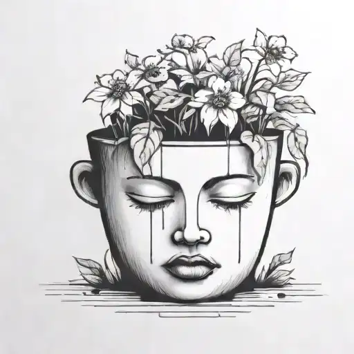 head poking out of a plant pot with soil on top of the head and flowers growing out of it. using thick black lines. tattoo design idea