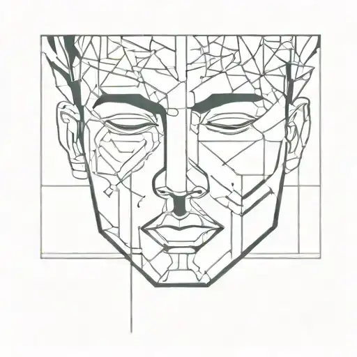 a close up of a face laying back on a sofa, with intricate geometic patterns emerging through his head tattoo design idea