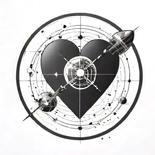 a satellite shaped like a love heart with right angles in space enshrouded by a circle tattoo design idea
