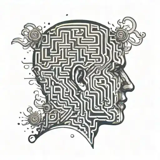 a normal human head with a complex maze coming out of the brain tattoo design idea