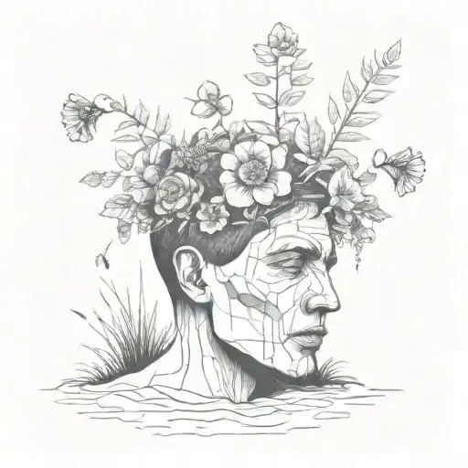 a head poking out of the soil of a muddy grave with soil on top of the head and flowers growing out of the top tattoo design idea
