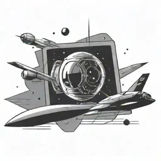 a rectangular poster frame. the image in the frame is advertising space flight. retro futuristic style tattoo design idea