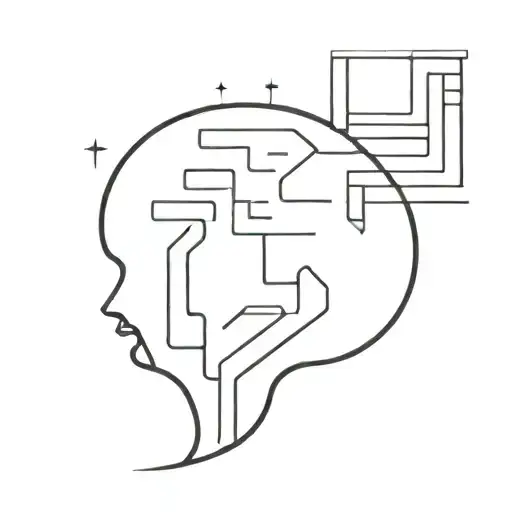 a human head laying back on a pillow with geometric shapes like a maze coming out of the top of his head tattoo design idea