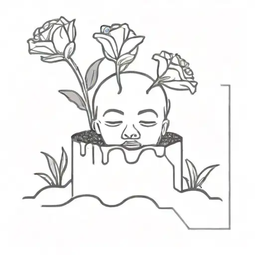 a head poking out of the soil a muddy grave with flowers growing out of the top tattoo design idea