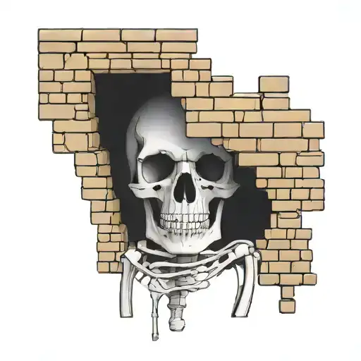 a skeleton hiding and stuck in a brick wall tattoo design idea