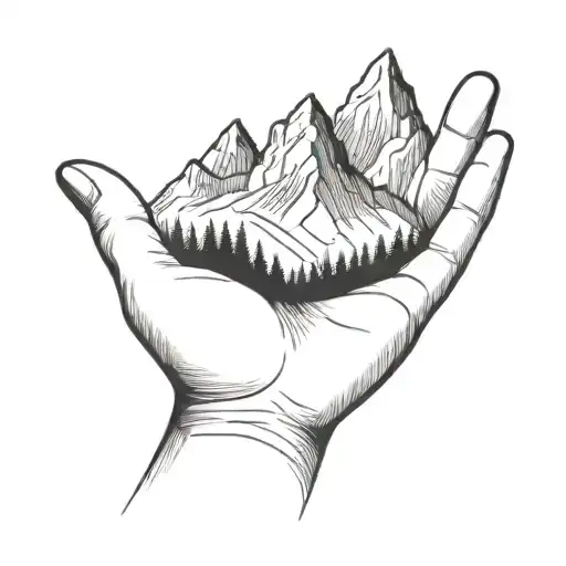a simple minimalist drawing of a large mountain being cradled in the palm of a human hand tattoo design idea