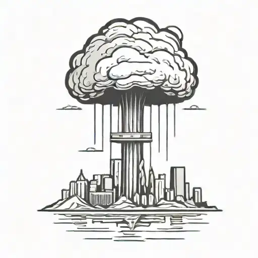 an abstract nuclear explosion mushroom cloud destroying a major city in an abstract black line frame tattoo design idea
