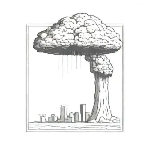 a nuclear explosion mushroom cloud destroying a city in a rectangular picture frame hanging on a wall tattoo design idea