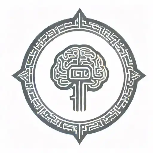 a brain inside a simple thick black line circular frame with geometric patterns shooting from it tattoo design idea