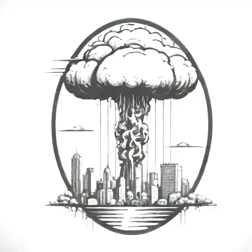 an abstract nuclear explosion mushroom cloud destroying a city in an abstract black line frame tattoo design idea