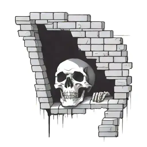 a skeleton hiding and stuck in a brick wall tattoo design idea