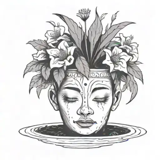head poking out of a plant pot with soil on top of the head and flowers growing out of it. using thick black lines. tattoo design idea