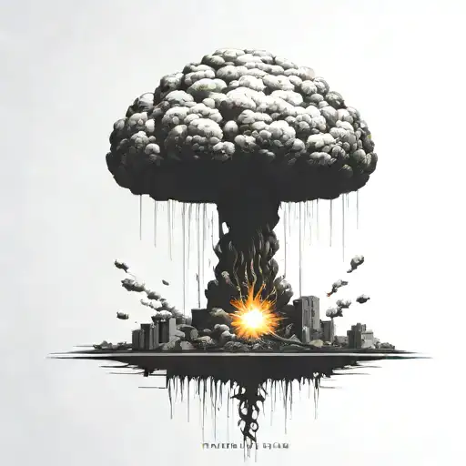 a nuclear explosion mushroom cloud contained within a perfect black square tattoo design idea