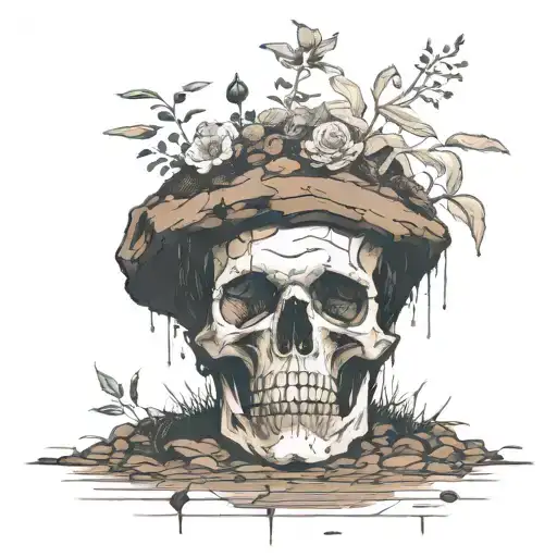 a head poking out of the soil of a muddy grave with soil on top of the head and flowers growing out of the top tattoo design idea