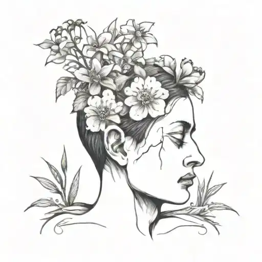 a head poking out of the soil of a muddy grave with soil on top of the head and flowers growing out of the top tattoo design idea