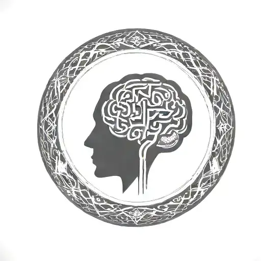 a brain inside a circular frame with geometric patterns shooting from it tattoo design idea