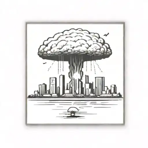 a nuclear explosion mushroom cloud destroying a city in a rectangular picture frame hanging on a wall tattoo design idea