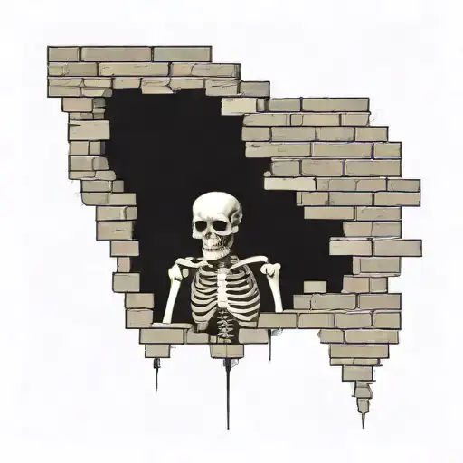 a skeleton hiding and stuck in a brick wall tattoo design idea